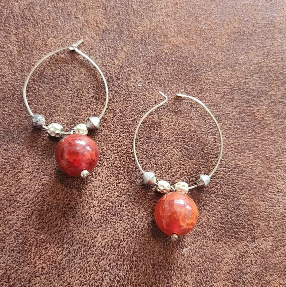 Gold Hoop Earrings With Coral Red Beads - Picture 1 of 4